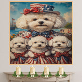 Bichon Frise Mother and Three Puppies in Patriotic Outfits with Hats and Bows by the Seaside with Flags and Flowers on Ready to Hang 1.5" Thick Canvas Wrap, Floating Framed Canvas, Flat Rolled Canvas
